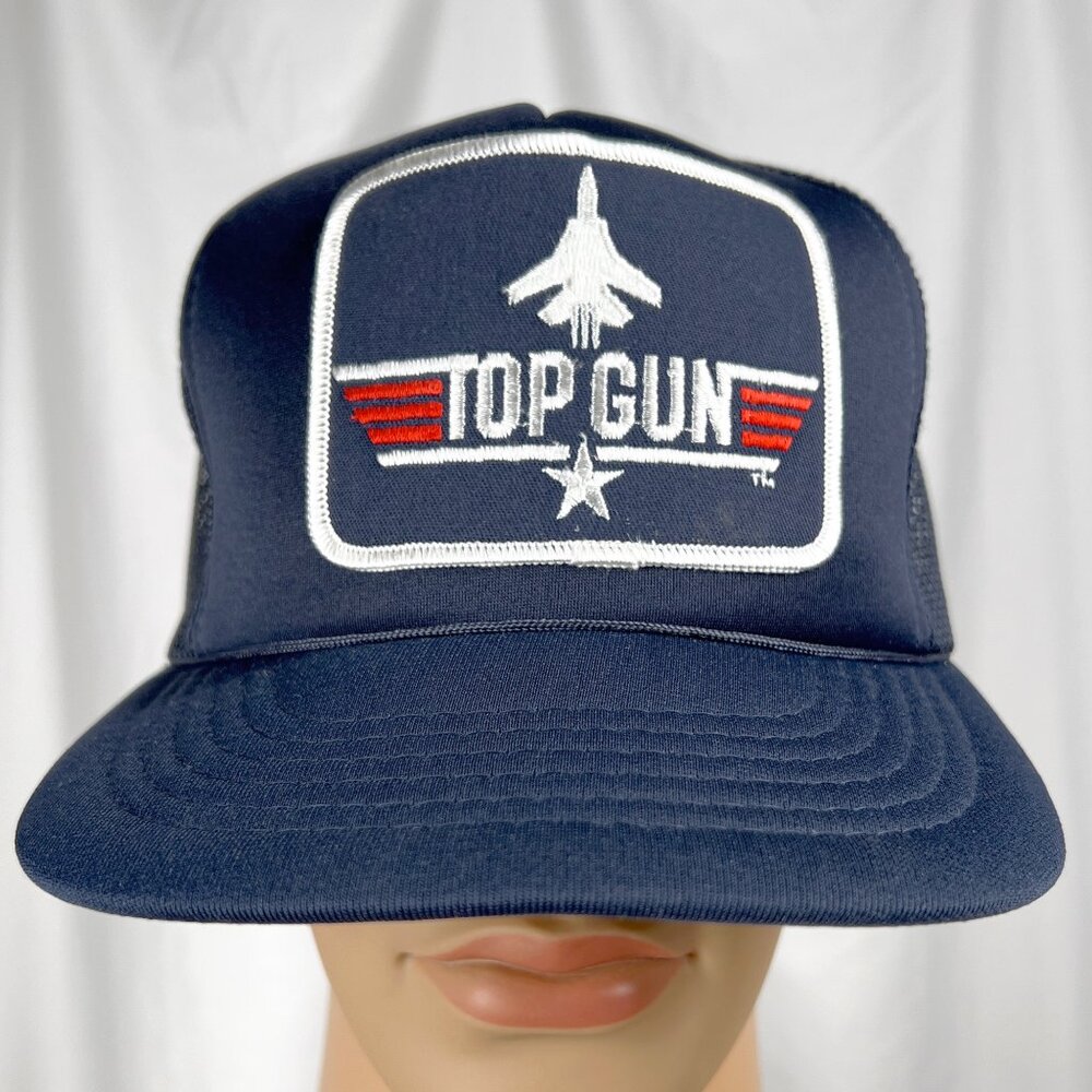 Vintage 80s Adult OS Navy Blue Top Gun Logo Patch Snapback Trucker Hat *DAMAGED*